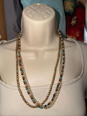 Gold Multi-Strand Beaded Necklace with Turquoise Accents